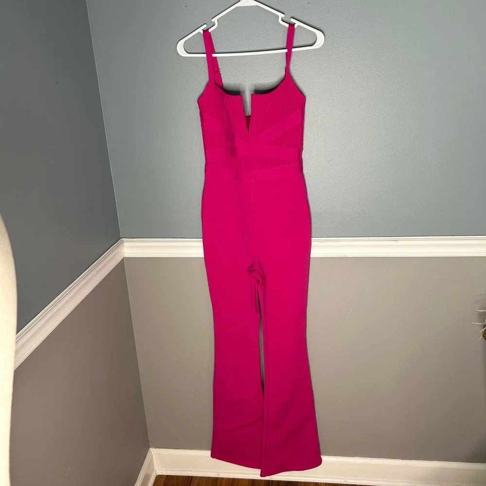 Fashion Nova‎ Misty Bandage Jumpsuit Magenta Pink Flare Leg Plunging V-Neck XS